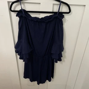 Lilly Pulitzer Calla Romper  Navy Blue Off the Shoulder Ruffle Sleeve Rayon XS - Bild 1 von 8