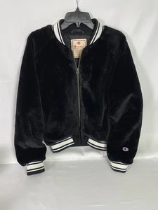 Champion Reverse Weave Faux Fur Bomber Jacket Black Women’s Medium - Bild 1 von 13