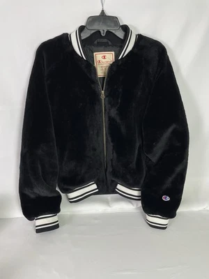 Champion Reverse Weave Faux Fur Bomber Jacket Black Women’s Medium - Image 1 of 4