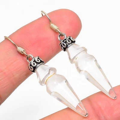 Pendiente de plata de ley 925 con piedras preciosas de cuarzo de cristal natural 2,17" S436 Foto 1 de 4