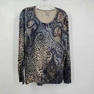 Chicos Womens Top Size 2 US L Leopard Paisley Print Soft Stretchy Boho Statement - Picture 1 of 7