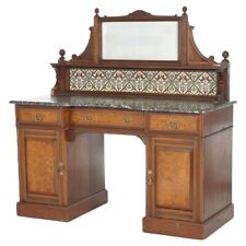 Antique Aesthetic Walnut & Burl Marble Top Dressing Table with Bird & Leaf Tiles