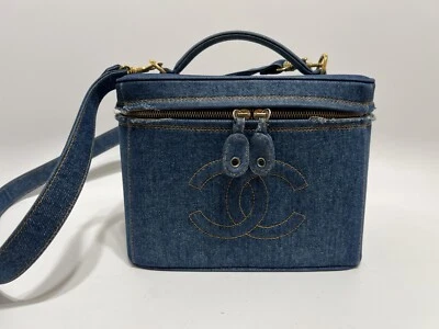 Vtg Chanel 90s Blue CC Logo Embroidered Denim Vanity Box Bag - Image 1 of 4