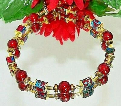 Armband Perlen Würfel rot türkis gold dunkelrot rot Hämatit Modeschmuck  495i - Bild 1 von 4
