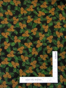 Christmas Merry Bright Pine Cones on Black Cotton Fabric QP Fabrics By The Yard - Picture 1 of 1