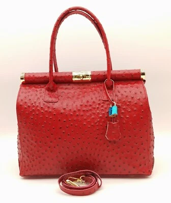 Italian Lock & Key Genuine Ostrich Embossed Leather Handbag Satchel – Red - Image 1 of 4