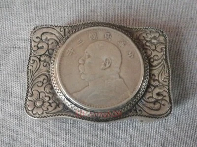 Китай выдолбленный ручной работы рельеф юань shikai узор тибетский серебряный ремень пряжка - Изображение 1 из 4