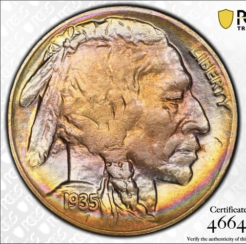 1935-D Buffalo Nickel 5c - PCGS MS63 - Rainbow Toned PQ Cover