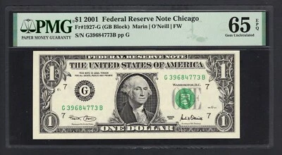 United States-Federal Reserve 1 Dollar 2001 Fr#1927-G (GB Block) UNC Grade 65 - Image 1 of 2