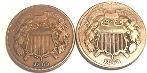 Coins, 1864 and a 1865 2 Cent Coins - Picture 1 of 6