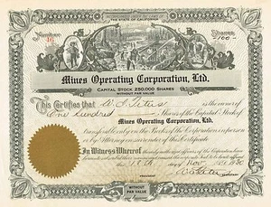 USA MINES OPERATING CORPORATION stock certificate 1930 BEAUTY CALIFORNIA - Picture 1 of 2