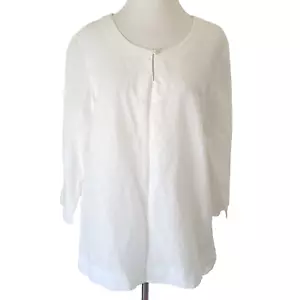 Hot Cotton White Tunic Top Size L Linen Blend 3/4 Sleeve Boxy Lagenlook Popover - Picture 1 of 8
