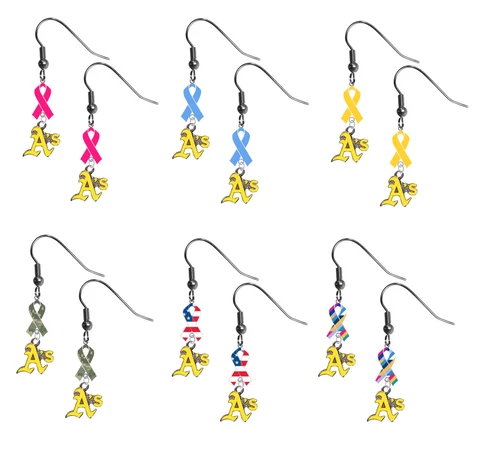 Oakland Athletics 2 Ribbon Earrings Pink Cancer Blue Yellow Camo USA Crucial Cover