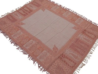 Ivory Paisley Wool Table Overlay Woven Ethnic Tablecloth Kashmir Topper 54"x70" - Image 1 of 3