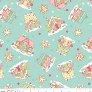 Gingerbread Kisses Main Blue Christmas Girl C164410 Cotton Fabric by the half yd - Picture 1 of 5
