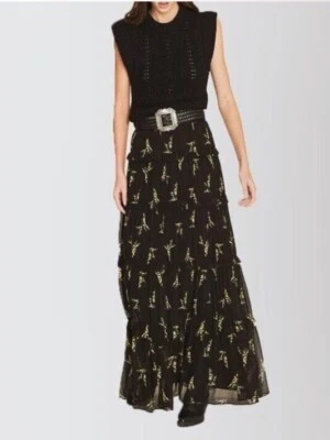 Maxi Falda Para Mujer BA&SH Margarita Floral Volantes en Niveles Negra Talla M Foto 1 de 4