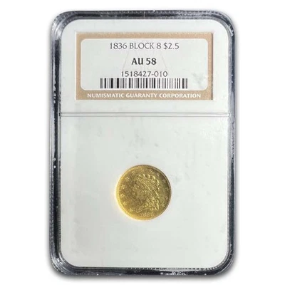 Bloque de cabeza clásico de oro de $2,50 de 1836 8 AU-58 NGC Foto 1 de 3