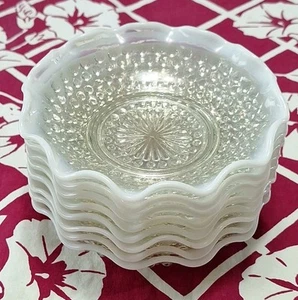 Vintage Set Of 8 Anchor Hocking Opalescent Hobnail Moonstone Crimped 6" Bowls - Picture 1 of 11