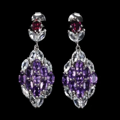 Pendientes de plata de ley 925 ovalados rodolita amatista aguamarina piedras preciosas joyería Foto 1 de 4