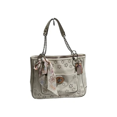 Bolso de Hombro Coach Cuero Edición Limitada Amapola Ojales Cadena Blanco  Foto 1 de 4