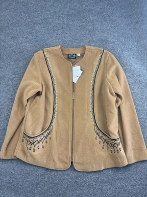 Bob Mackie Jacket Womens Large Tan Embroidered Fleece Zip Front Wearable Art - Image 1 of 4