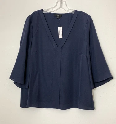 J. CREW 365 Top Blouse Navy Blue 3/4 Sleeve V-Neck 100% Silk Size L NWT - Image 1 of 4