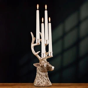 Stag Head Candle Holder 4 Taper Deer Antler Silver Ornament Home Candles Decor - Picture 1 of 24