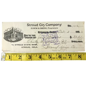 Oklahoma Territory Bank Draft Stroud Gin Co 1906 John Wielmer State Bank Check - Picture 1 of 2