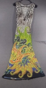 Women's Sz 28 Animal Print Sleeveless Dress V Neck 58" Long Neon Multi Color - Picture 1 of 14