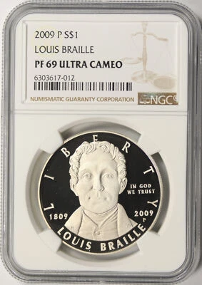 2009-P Louis Braille $1 Commemorative Dollar NGC PF69UCAM - Image 1 of 2