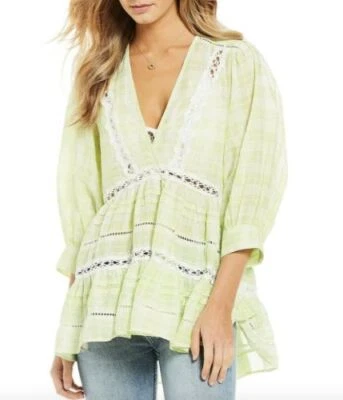 Free People Time Out 格子花边装饰束腰外衣石灰超小号全新带标签 128 美元 — 第 1/4 张图片