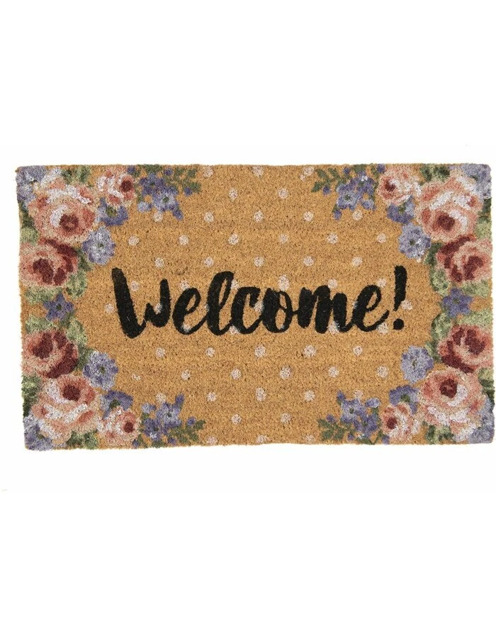 Clayre & Eef Fußmatte Blumen Welcome Kokos-Türmatte 75x45 cm  Fußabtreter natur - Bild 1 von 2