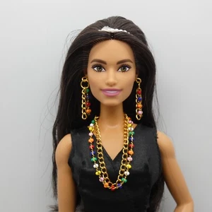 Barbie Integrity Toys Doll Size Necklace Earrings Set Rainbow Beads Gold Chain - Picture 1 of 9