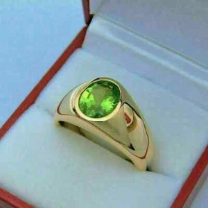 Lab-Created Green Peridot 4.15CT Oval Cut Men's Ring 14K Yellow Gold Plated - Picture 1 of 4