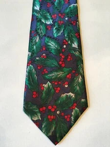 Cravatta Yule Auguri Blu Navy Rosso Verde Agrifoglio Punzone Natale Festività Cravatta - Foto 1 di 5