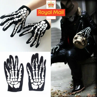UK Stock Skeleton Gloves Bone Print Halloween Fancy Dress Party Cosplay One Size