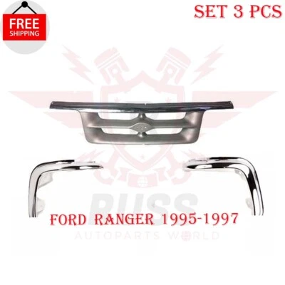 New Front Grille & Grille Molding Chrome set 3pc Fits 1995-1997 Ford Ranger 4WD Foto 1 de 4