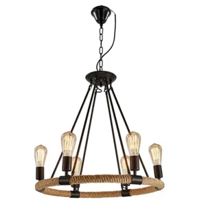Lampadario sospensione in corda canapa vintage pendente cerchio retrò 6xE27 - Foto 1 di 9