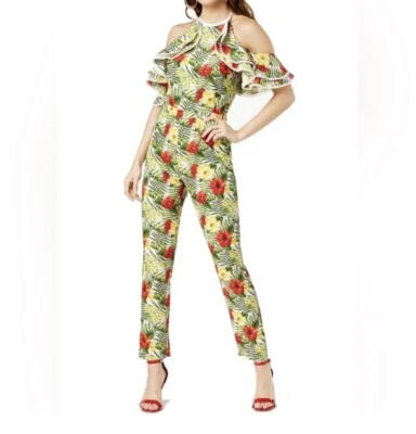 XOXO NEW GREEN YELLOW COLD-SHOULDER HALTER LACE-DOT JUMPSUIT - Image 1 of 4