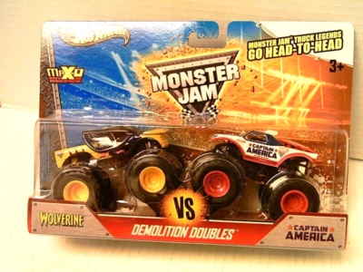 HOT WHEELS MONSTER JAM DEMOLICIÓN DOBLES WOLVERINE VS CAPITÁN AMERICA, 2PK. Foto 1 de 3