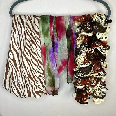 Set Of 3 Scarves Brown Chiffon Zebra Boho Tie Dye Lightweight Scarf Ruffle - Image 1 of 4