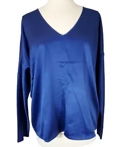NWT Stella & Dot Womans Pullover Top Silky V Neck Long Sleeve Sz XL Blue Career - Picture 1 of 11