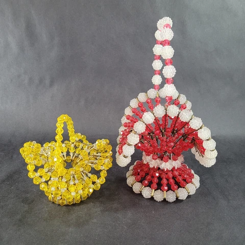 Vintage Safety Pin Beaded Basket Mid Century Colorful Set of 2 Hand Made Cover