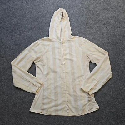 Blusa Mountain Hardwear Feminina Tamanho 12 Bege Listrada Botão Bolsos com Capuz Casual - Imagem 1 de 4