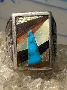 Anello Phoenix fascia Navajo corallo onice turchese mop taglia 9 argento sterling donna  - Foto 1 di 11