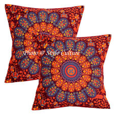 Indian Cotton Sofa Pillow Covers Cases Maroon 16 x 16 Printed Mandala Set Of 2