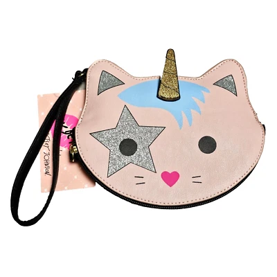 Luv Betsey Johnson Monedero Muñequera Rosa Unicornio Gato Bolsa Brillo Ovalado 5"x7" Foto 1 de 4