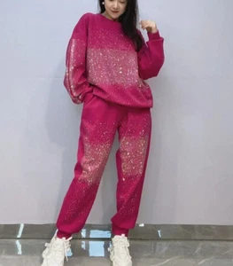 New Women Luxury Diamond Rhinestones Tracksuit 2 Pieces Set Black White Pink - Picture 1 of 16
