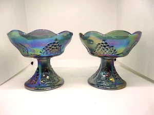 Paar blaue Karneval Glas Kerzenständer Indiana Glas Co Harvest Traube Vintage - Bild 1 von 3
