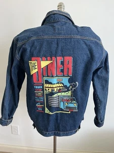 VTG Tiger Bay Denim Jean Jacket Mens XL The Diner Graphic Blue 80s Biker Trucker - Picture 1 of 5